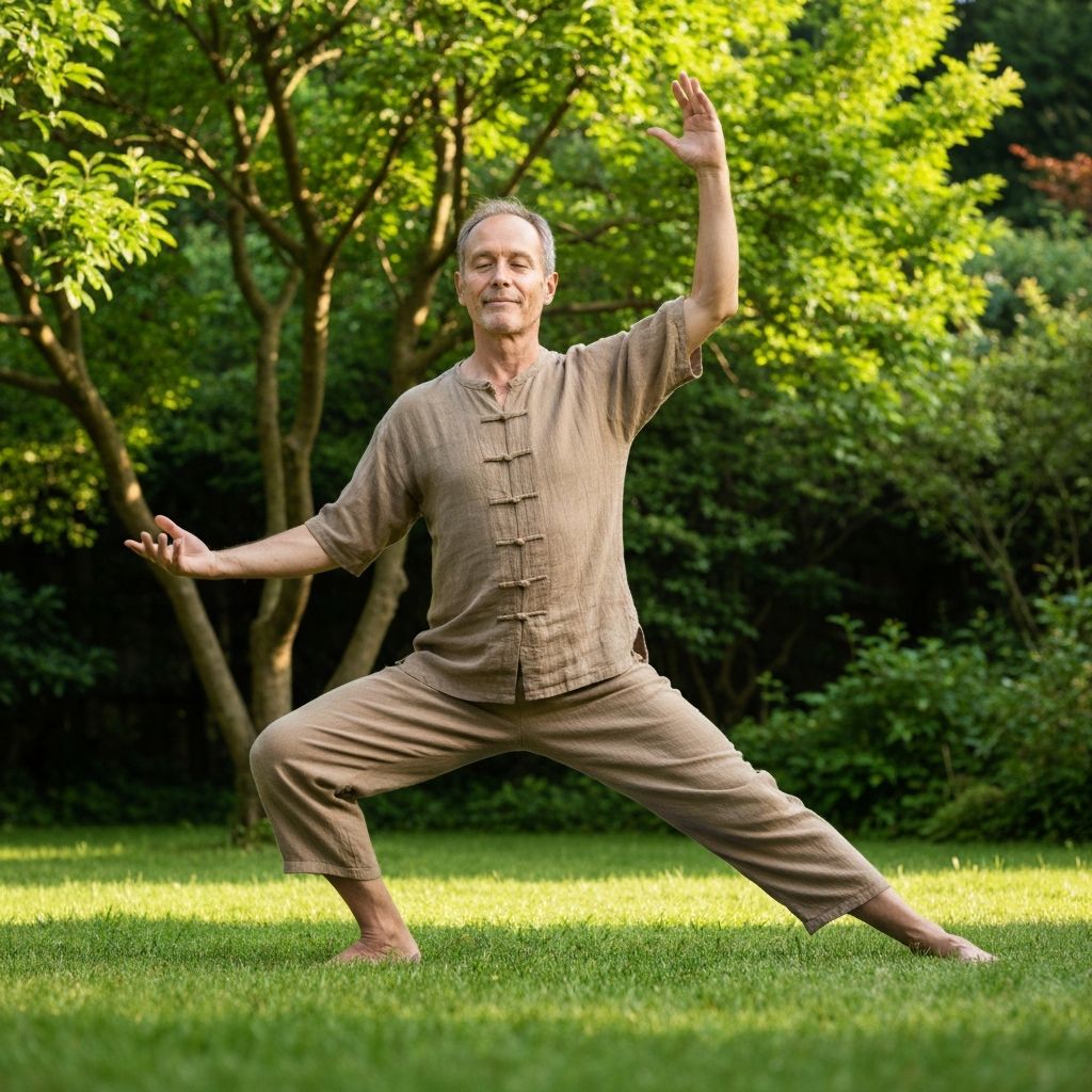 Pria dewasa aktif melakukan olahraga ringan di taman