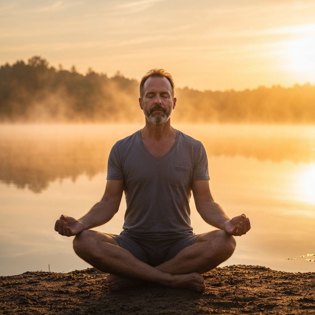 Pria dewasa bermeditasi di tepi danau yang tenang